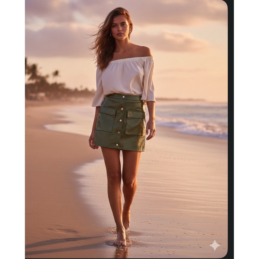 Faux Leather A-Line Mini Skirt Front Pockets Button Up Olive Green Size Small